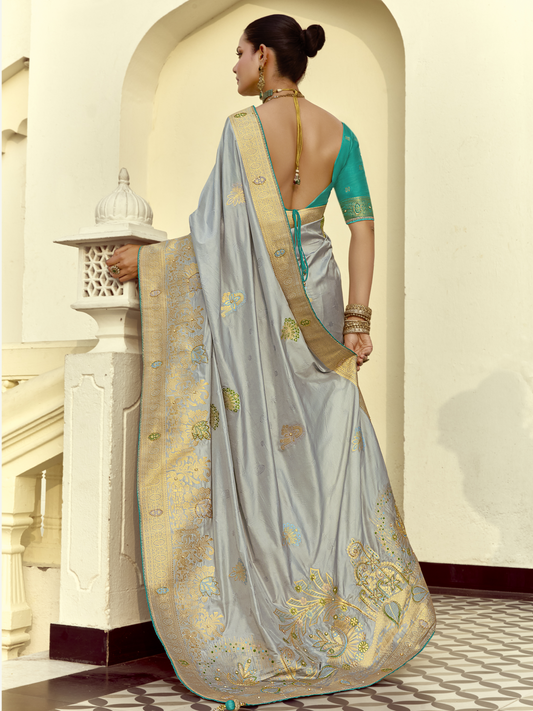 Dhiyona KM Women Grey Banarasi Silk Saree With Teal Blouse & Golden, Moti, Sequence Work