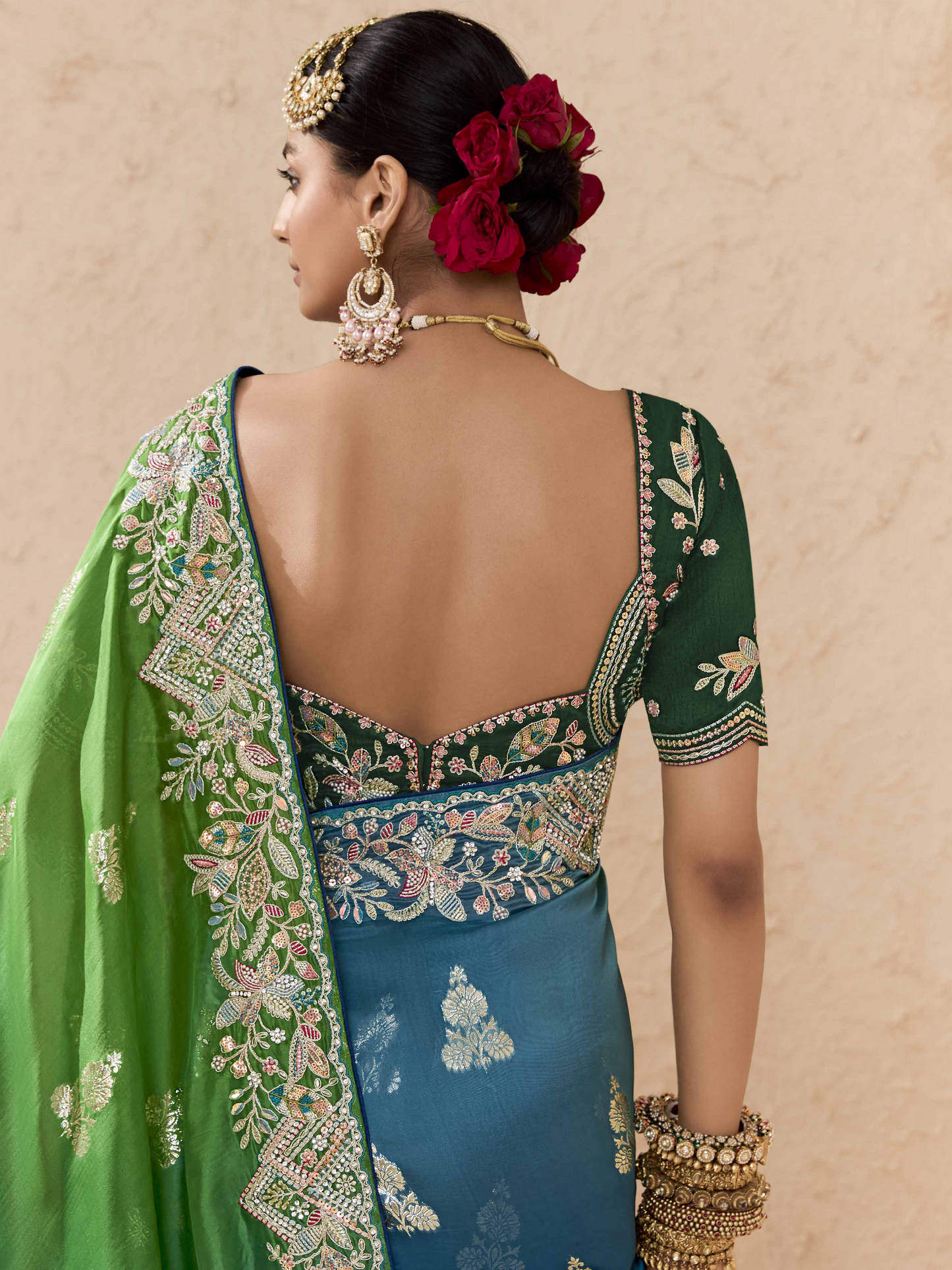 Dhiyona KM Women Peacock Green & Royal Blue Tussar Silk Saree