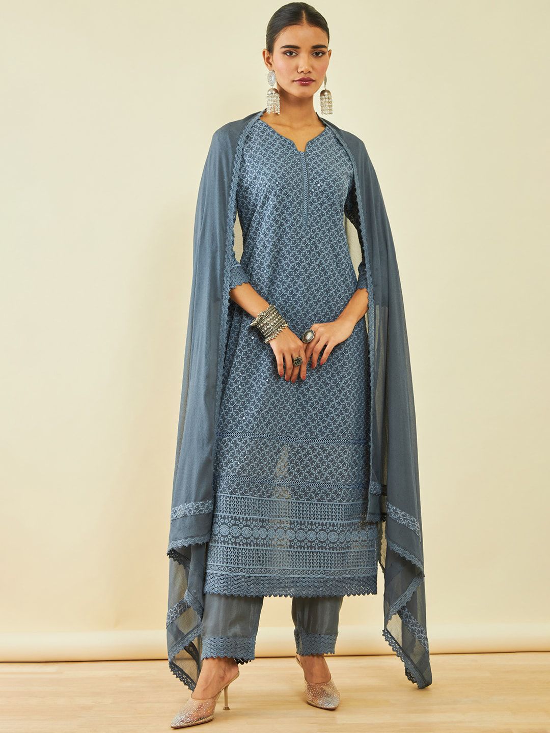 Dhiyona SO Women's Ethnic Motifs Embroidered Sequinned Straight Kurta & Trousers With Dupatta