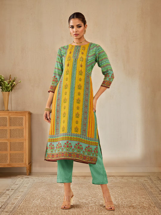 Dhiyona SO Women's Ethnic Motifs Printed Regular Sequinned Kurta with Trouser