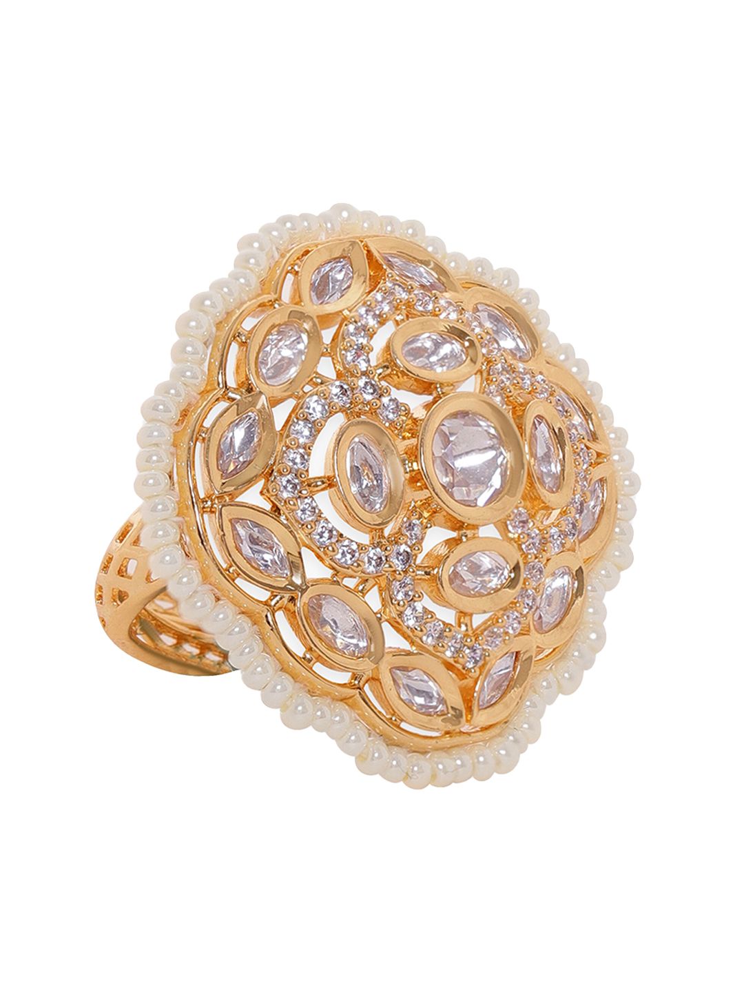 Dhiyona RJ Women's Gold-Plated CZ-Studded & Pearl Beaded Adjustable Finger Ring