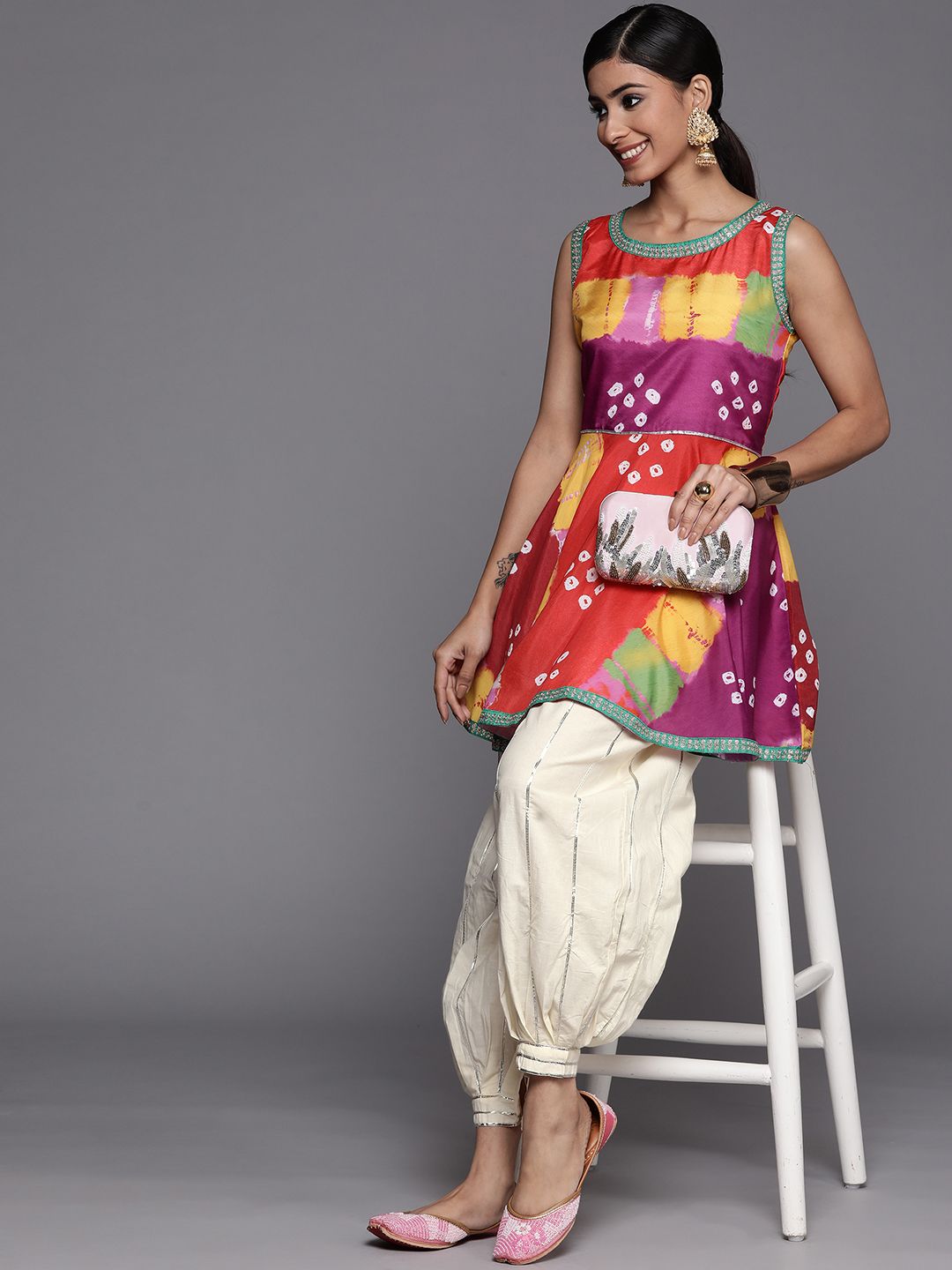 Dhiyona VA Women's Multicoloured Bandhani Printed Kurta with Salwar