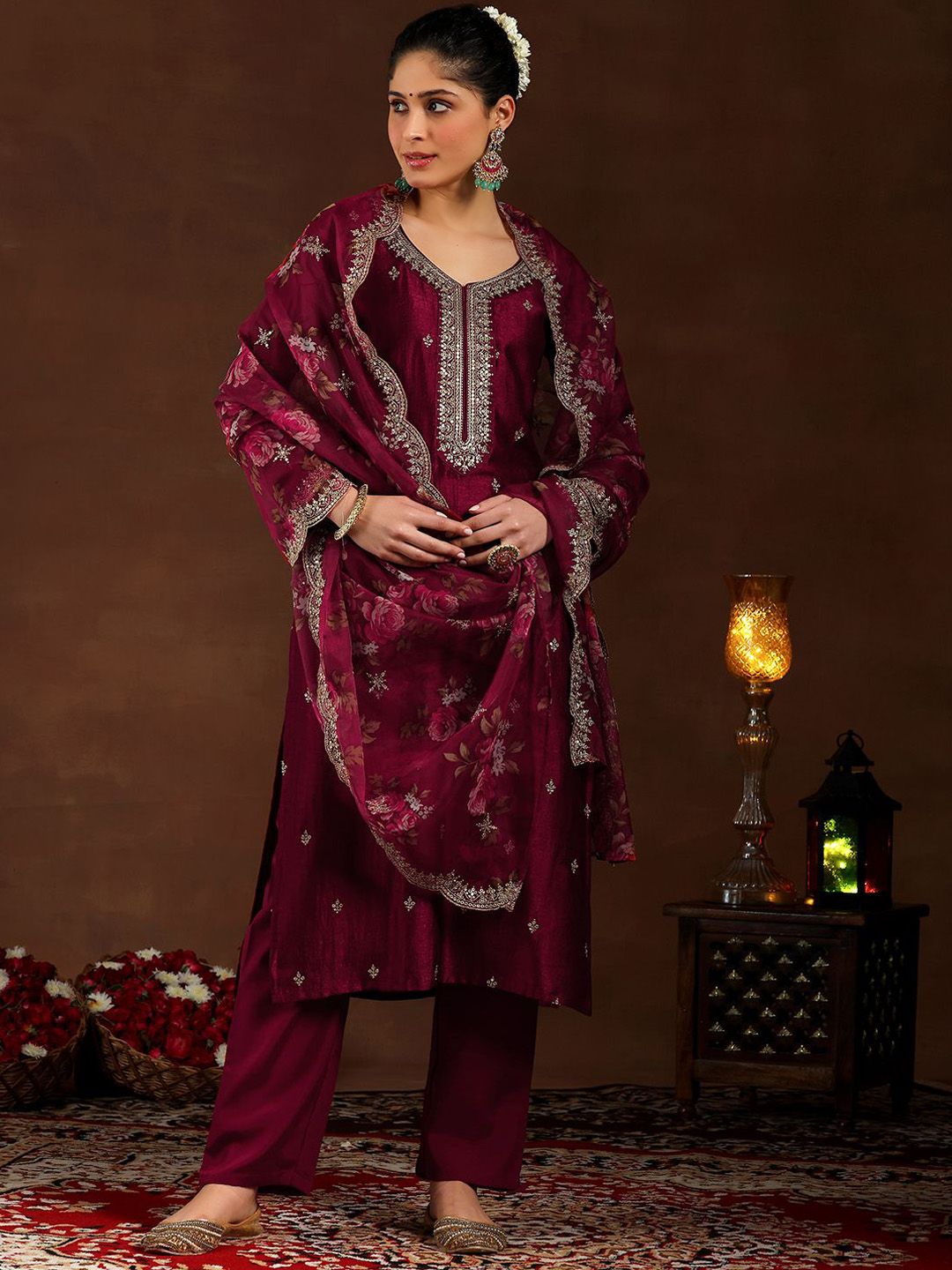 Dhiyona LB Women's Women Ethnic Motifs Embroidered Regular Kurta with Trousers & With Dupatta