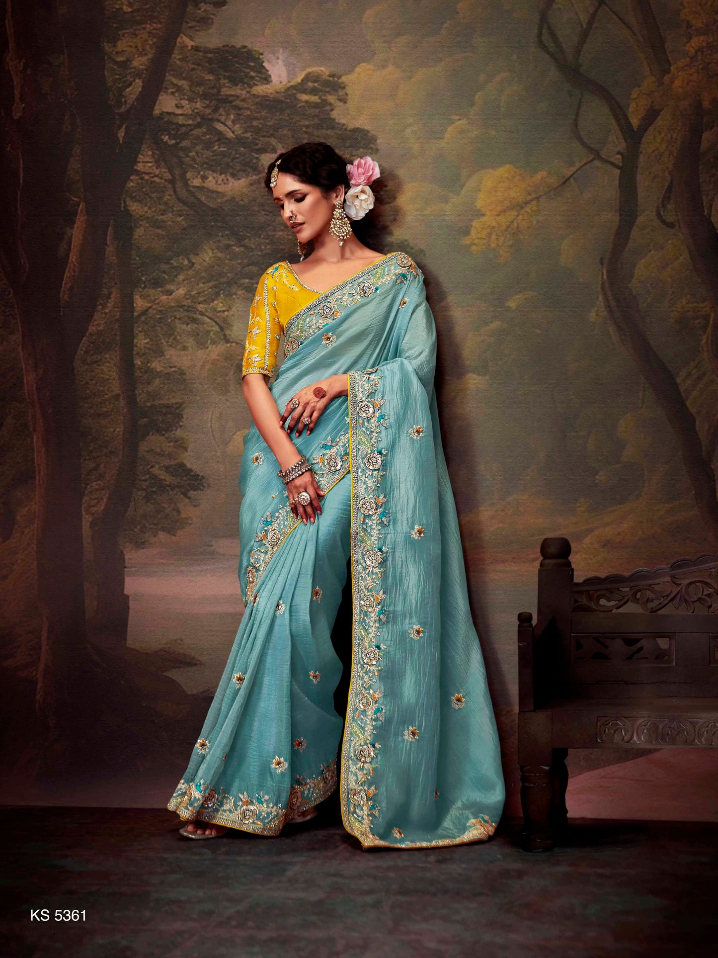 Dhiyona KM Women Ice Blue Designer Organza Silk Saree