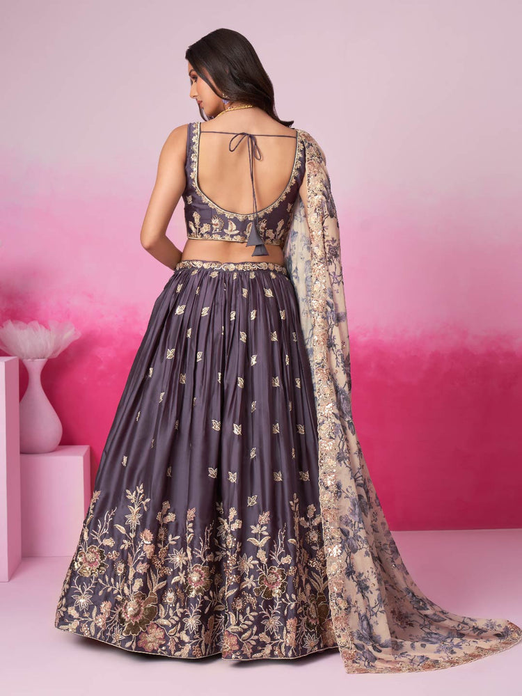 Women Purple Satin silk Sequins embroidery Lehenga choli & Dupatta