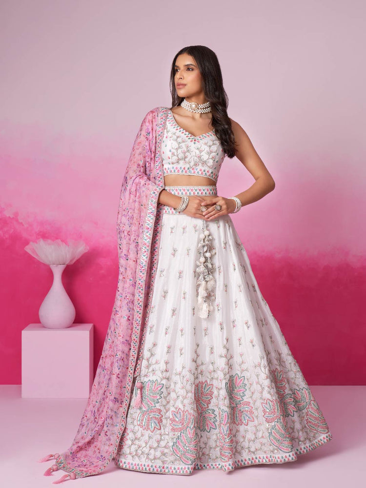 Women Cream Pure Chiffon Sequins and thread embroidery Lehenga choli & Dupatta