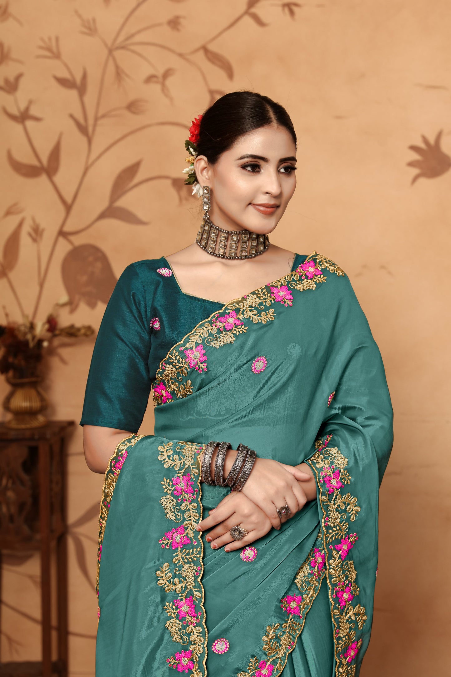 Dhiyona GR Women's Armani Teal Jimmi Choo Embroidered Saree