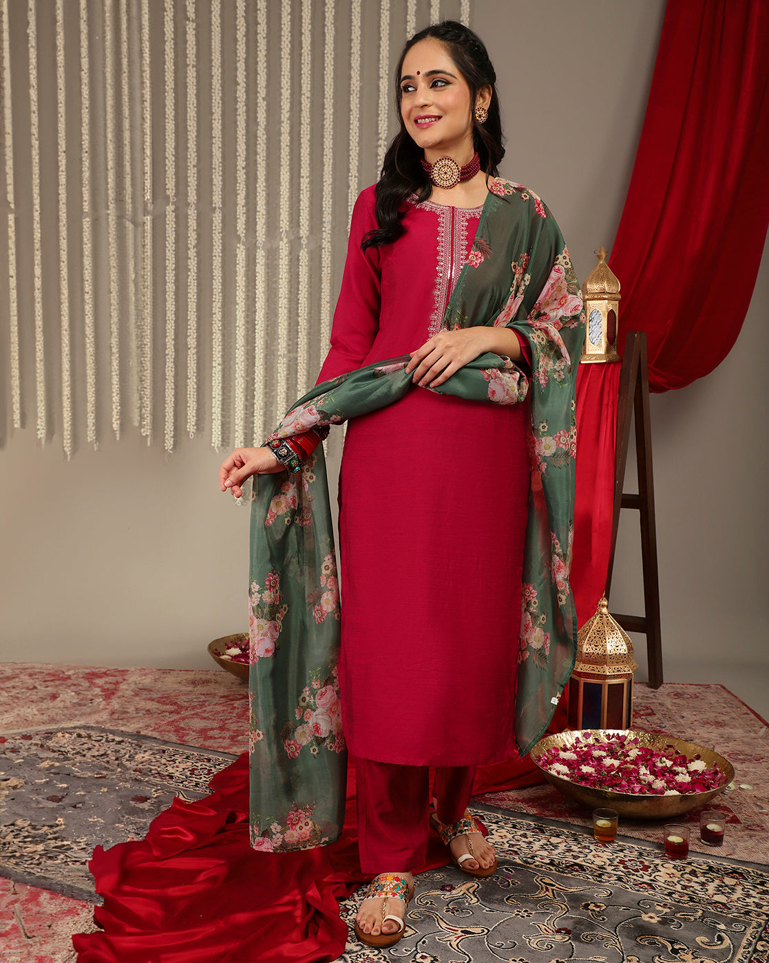 Dhiyona VR Women's Magenta Embroidered Kurta Paired With Straight Trouser And Digital Floral Printed Dupatta