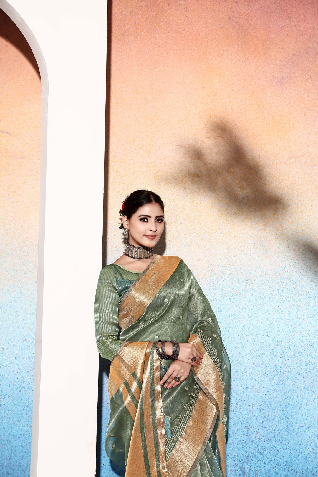 Dhiyona GR Women's Kalki Bottle Green Tissue Cotton Silk Saree