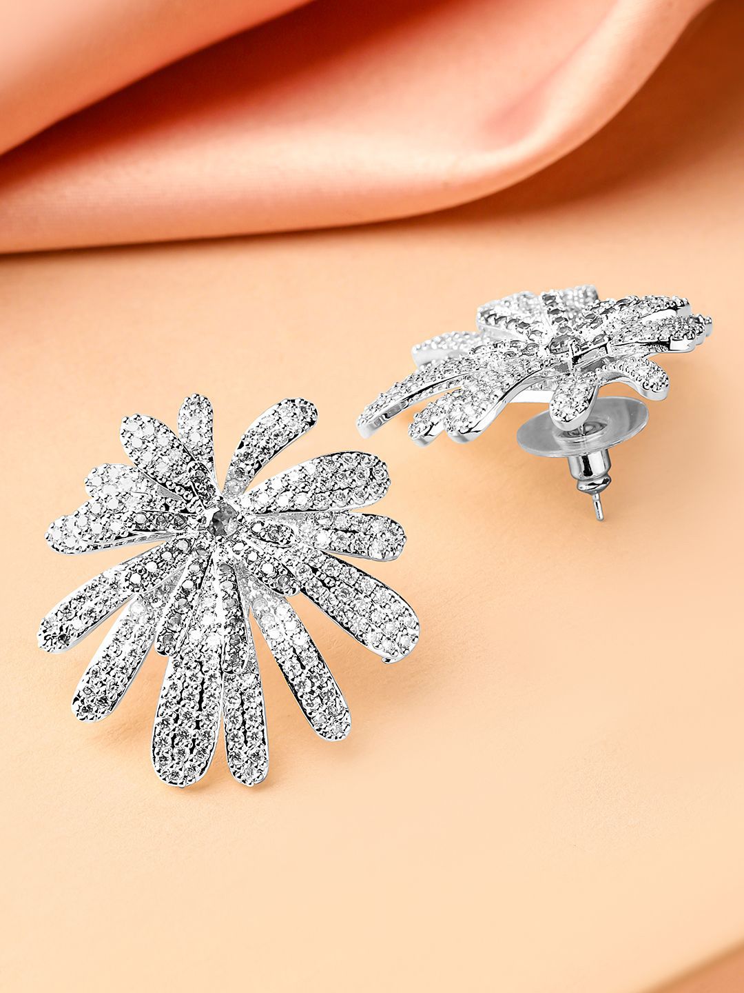 Dhiyona RJ Women's Rhodium-Plated White Cubic Zirconia Floral Glamorous Stud Earrings