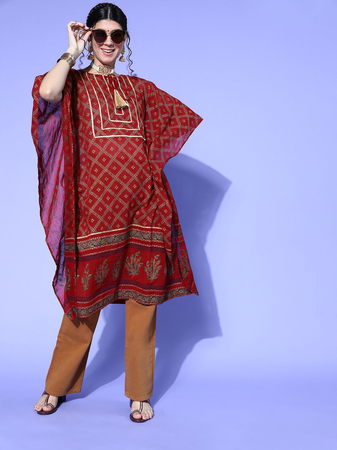 Dhiyona IE Women Maroon & Navy Blue Cotton Geometric Printed Extended Sleeves Kaftan Kurta