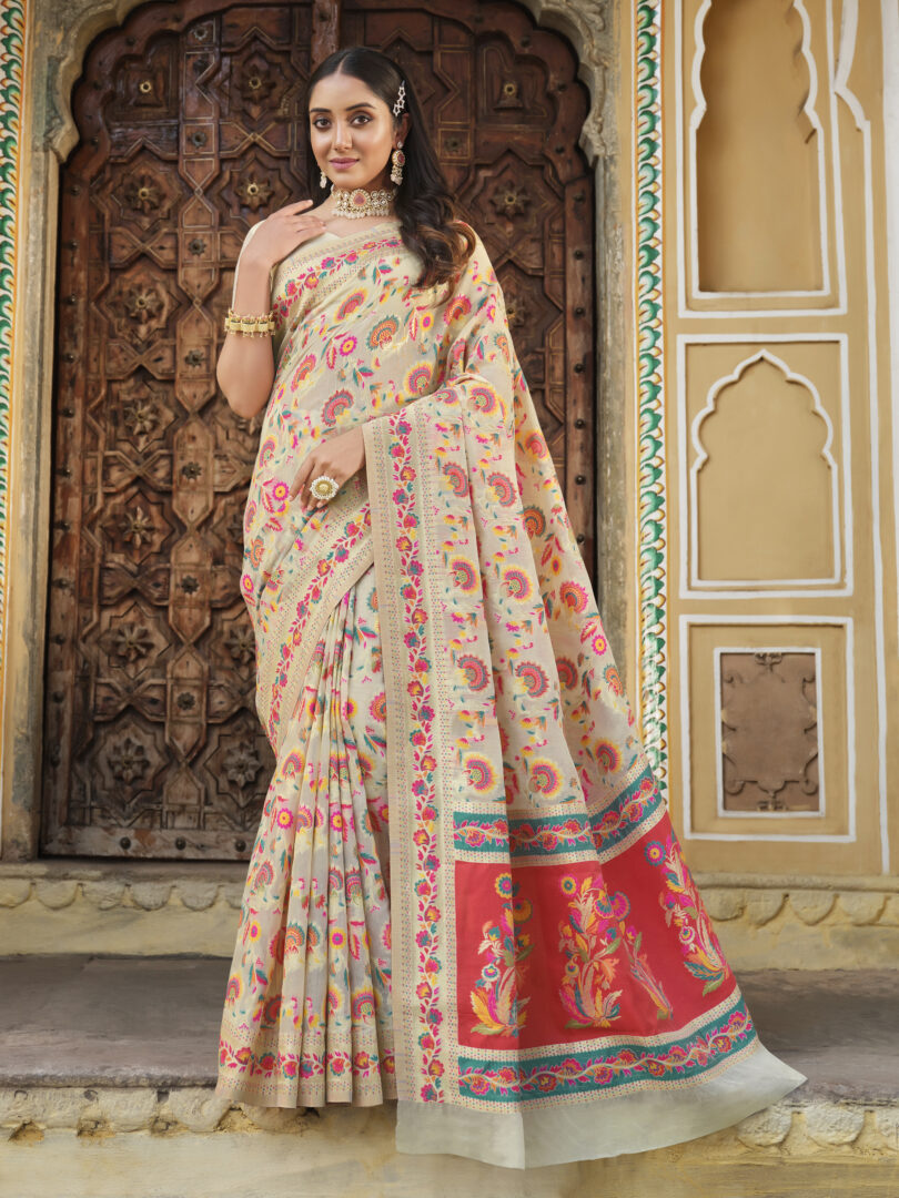 Dhiyona GR Women's Kalki Smoke White Woven Modal Silk Kashmiri Banarasi Saree