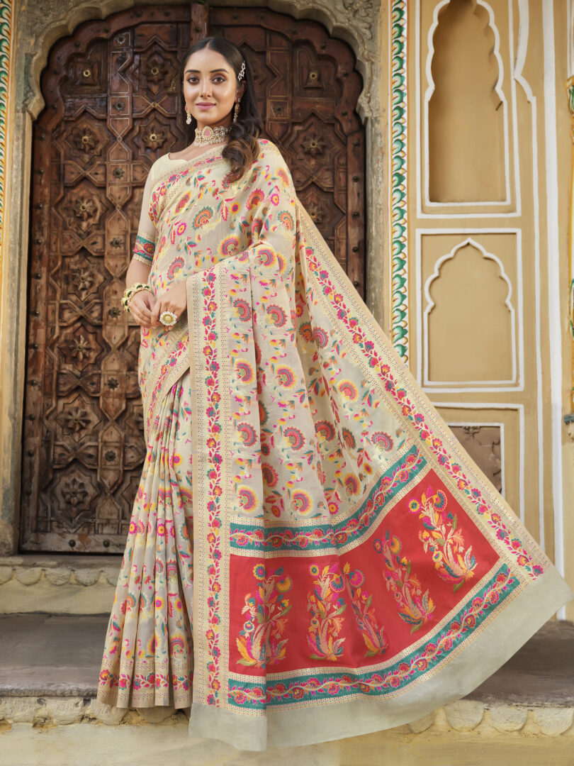 Dhiyona GR Women's Kalki Smoke White Woven Modal Silk Kashmiri Banarasi Saree