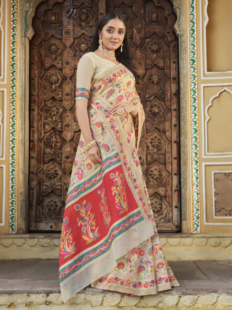 Dhiyona GR Women's Kalki Smoke White Woven Modal Silk Kashmiri Banarasi Saree