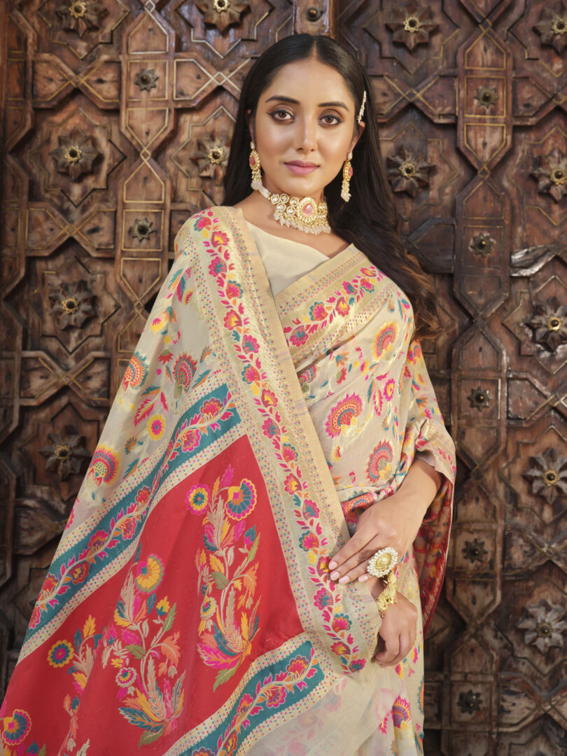Dhiyona GR Women's Kalki Smoke White Woven Modal Silk Kashmiri Banarasi Saree