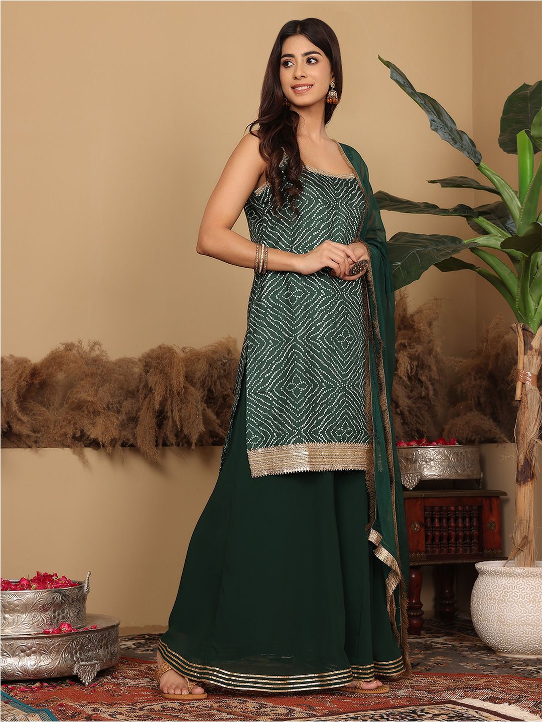 Dhiyona VA Women'sBandhani Gotta Patti Kurta with Sharara & Fringed Dupatta.