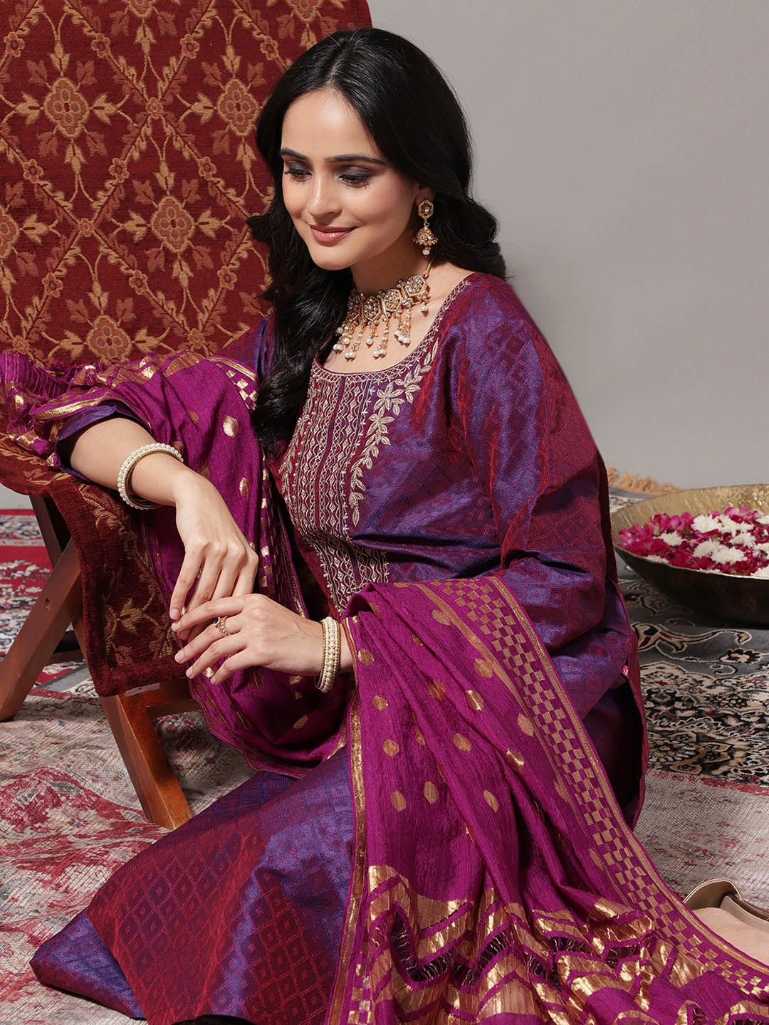 Dhiyona VA Women's Zari Embroidered Yoke Geometric Jacquard Kurta with Trouser & Dupatta
