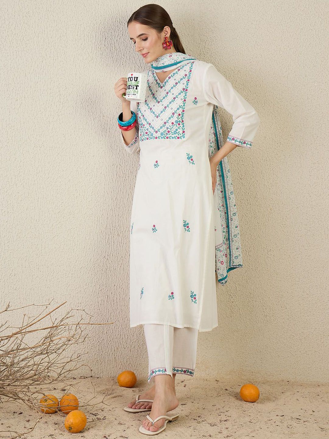 Women Floral Embroidered Cotton Kurta with Trousers & Dupatta
