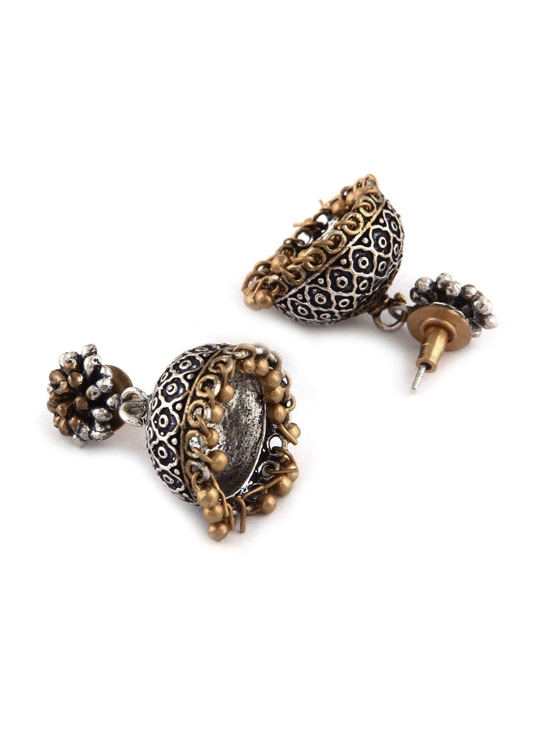 Dhiyona RJ Women's Oxidised Silver-Plated Dual-Tone with Gold Beaded Drops Jhumka Earrings