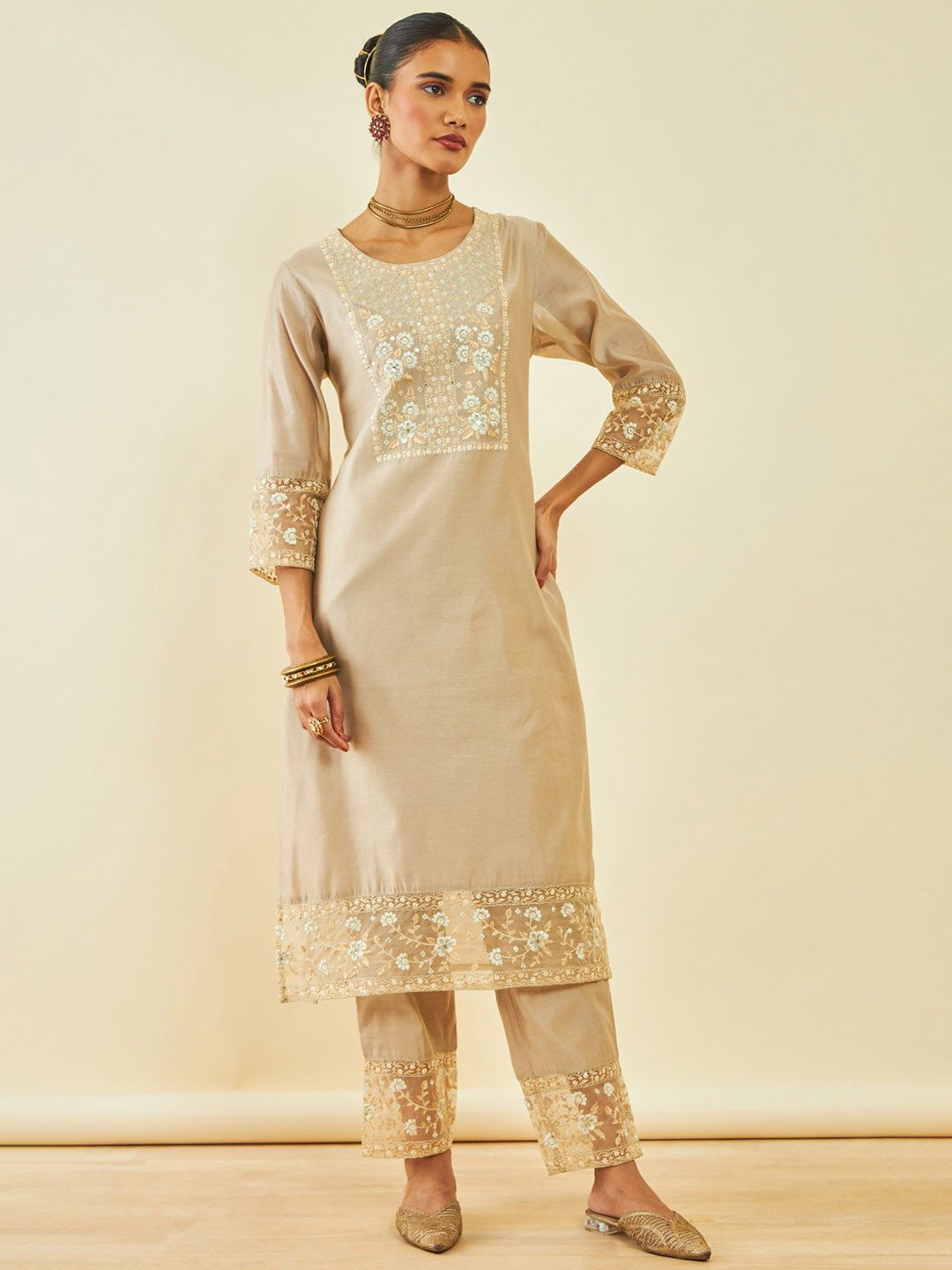 Dhiyona SO Women's Floral Embroidered Sequinned Chanderi Silk Straight Kurta With Trousers & Dupatta