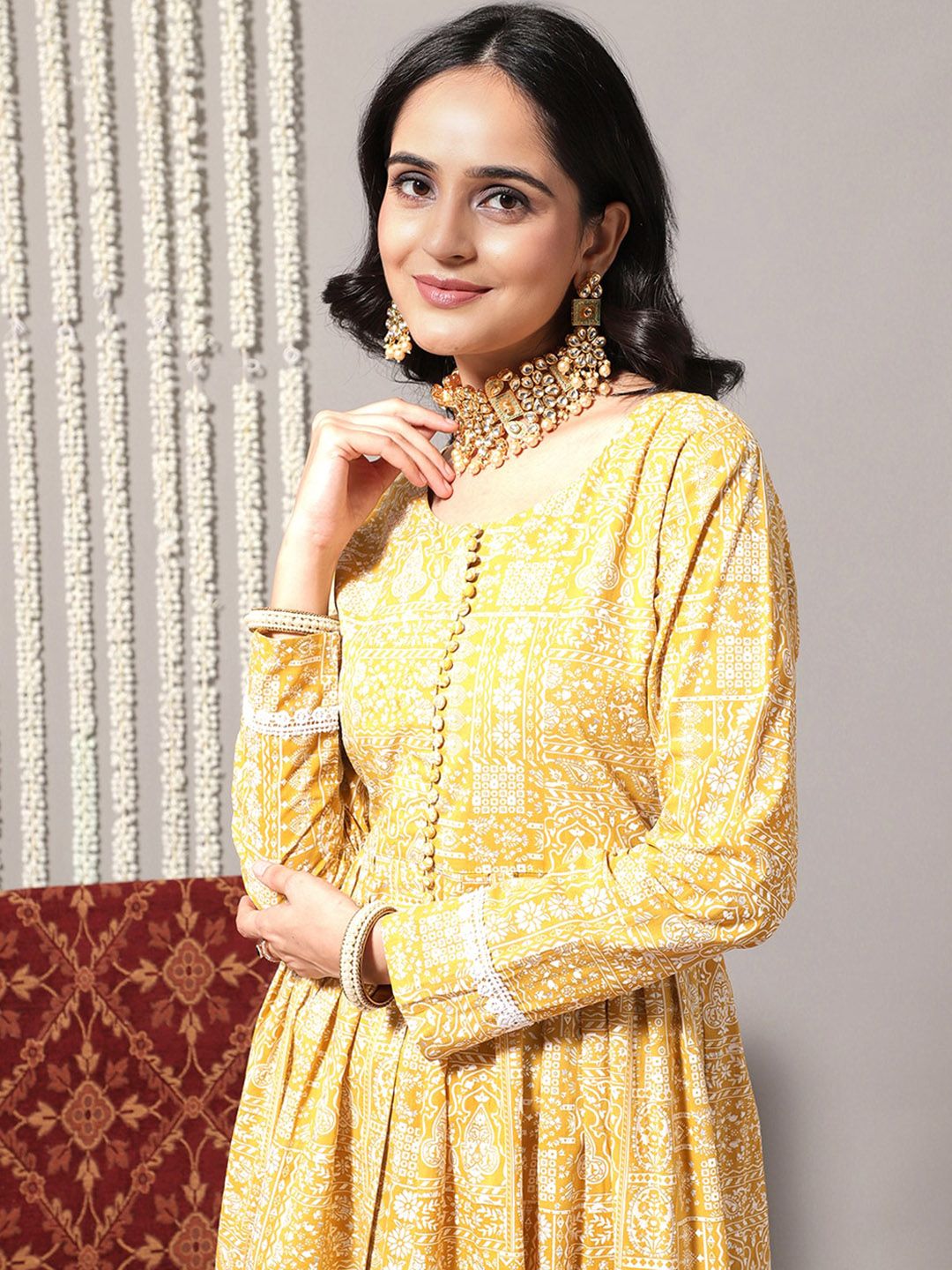 Dhiyona VA Women'sEthnic Motifs Printed A-Line Pure Cotton Kurta with Trousers