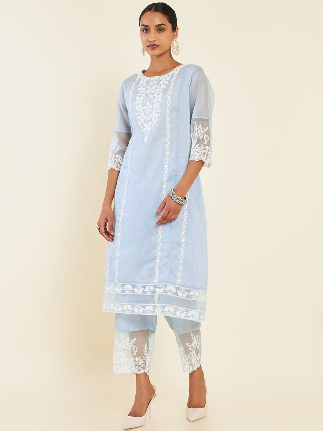 Dhiyona SO Women's Blue & White Floral Embroidered Chanderi Silk Kurta With Trousers & Dupatta