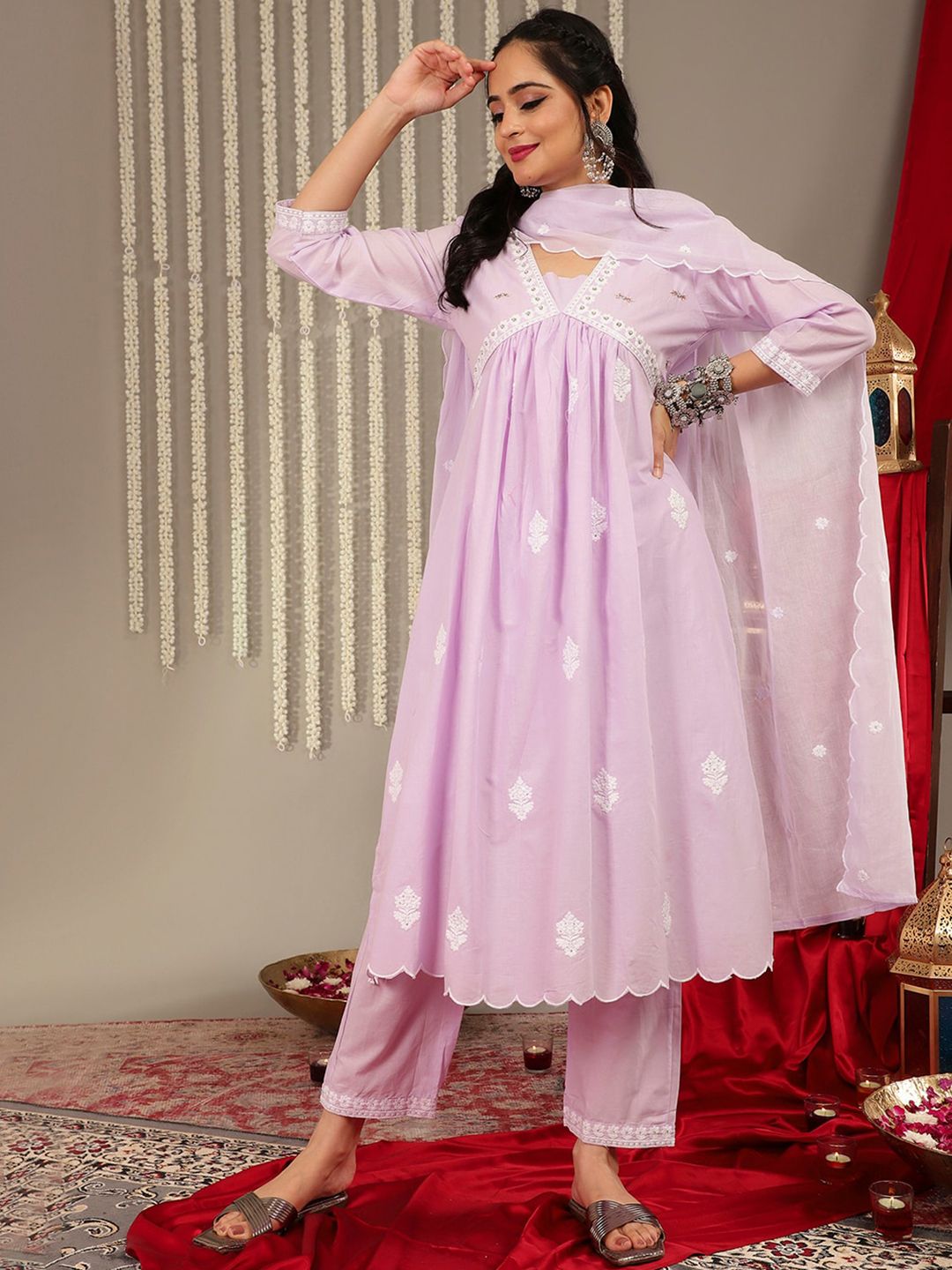 Dhiyona VA Women'sEthnic Motifs Embroidered Pure Cotton Empire Straight Kurta & Trouser With Dupatta