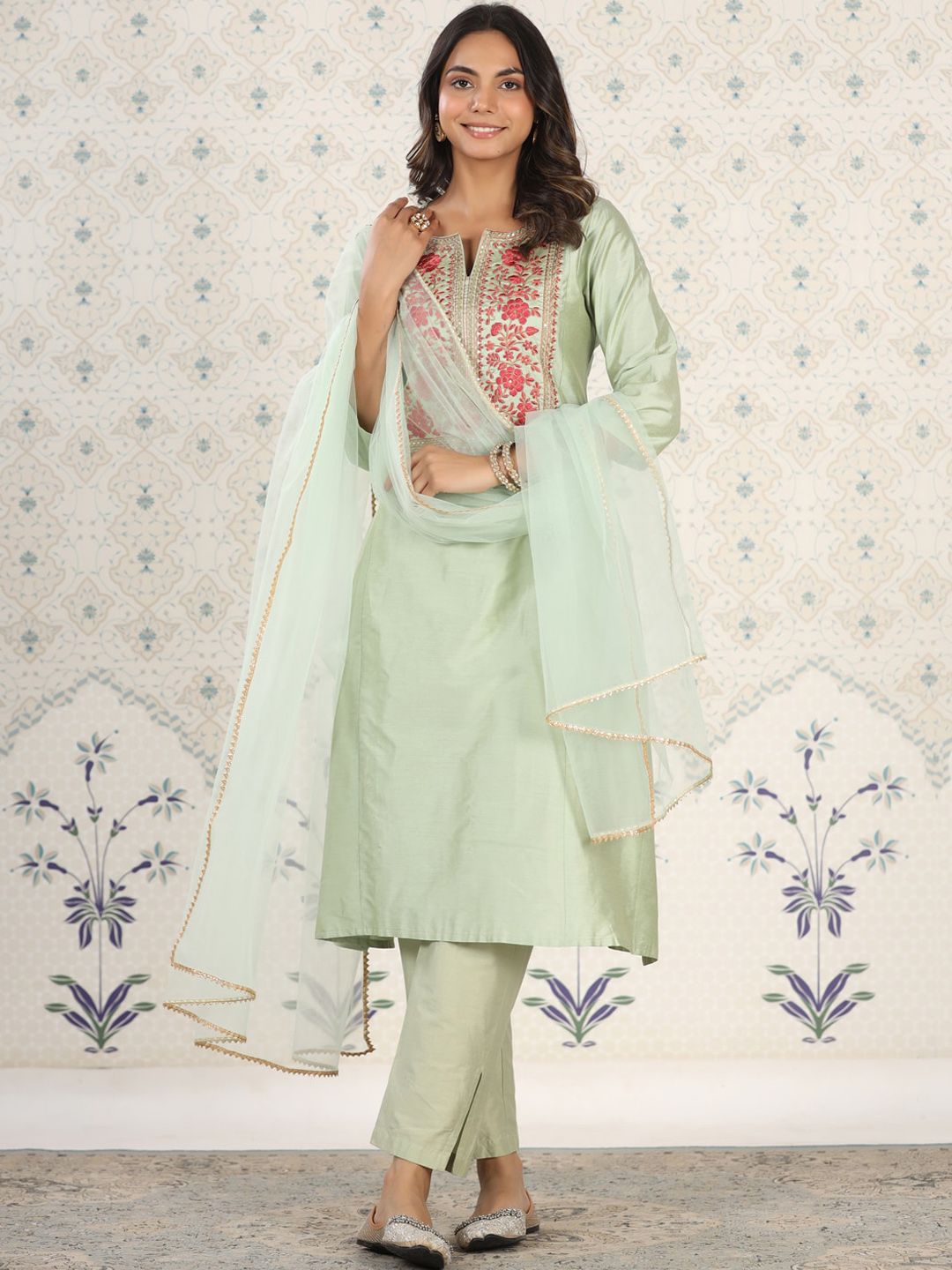 Dhiyona OD Embroidered Gota Patti A-Line Kurta with Trousers and Dupatta