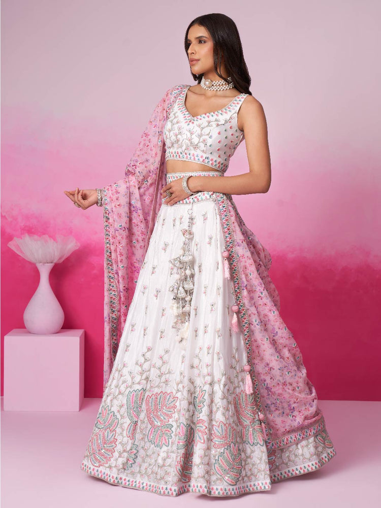Women Cream Pure Chiffon Sequins and thread embroidery Lehenga choli & Dupatta