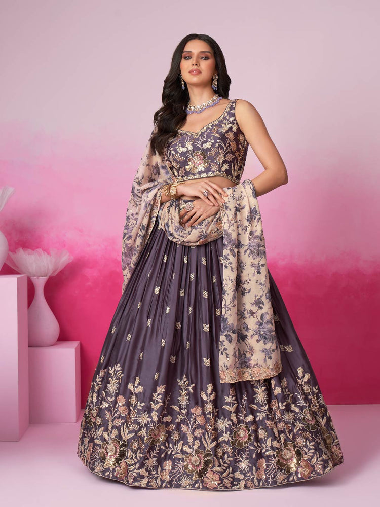 Women Purple Satin silk Sequins embroidery Lehenga choli & Dupatta