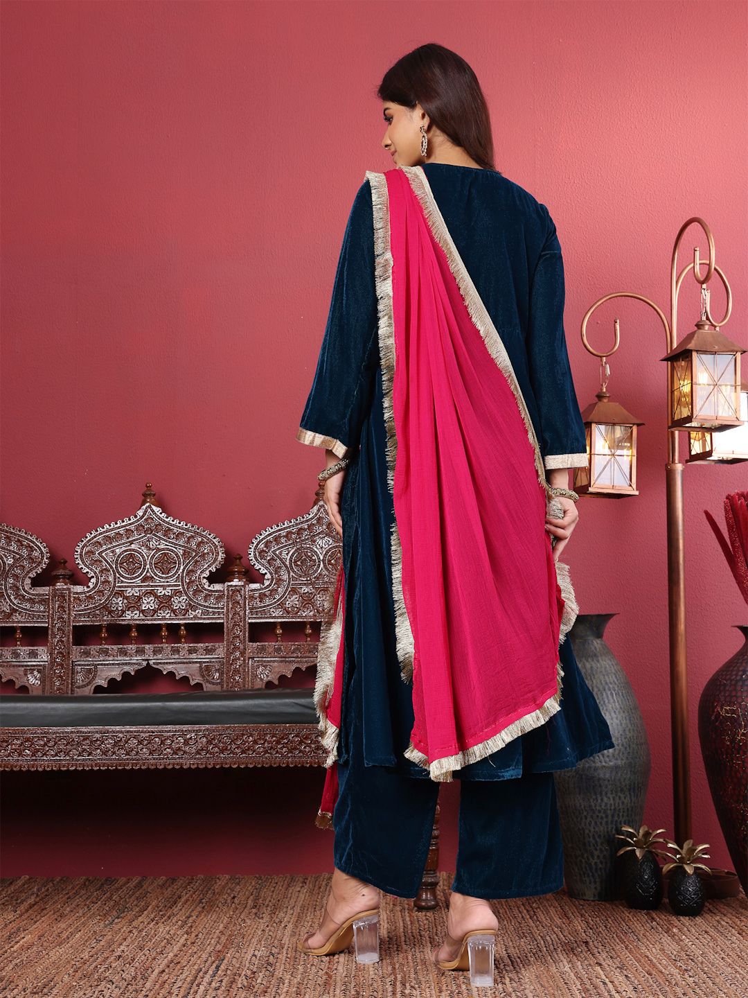 Dhiyona VA Women'sNavy Blue Flared Sleeves Lace Velvet Empire Kurta with Trousers & Dupatta