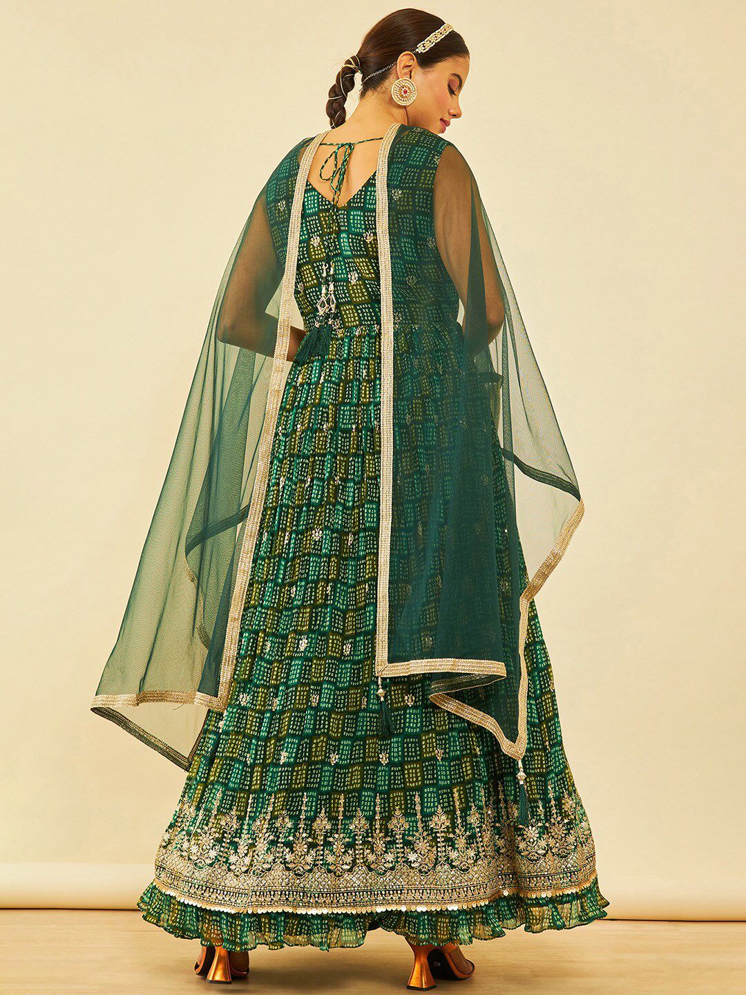 Dhiyona SO Women's Green Bandhani Printed Thread Work Georgette Anarkali Kurta & Churidar With dupatta
