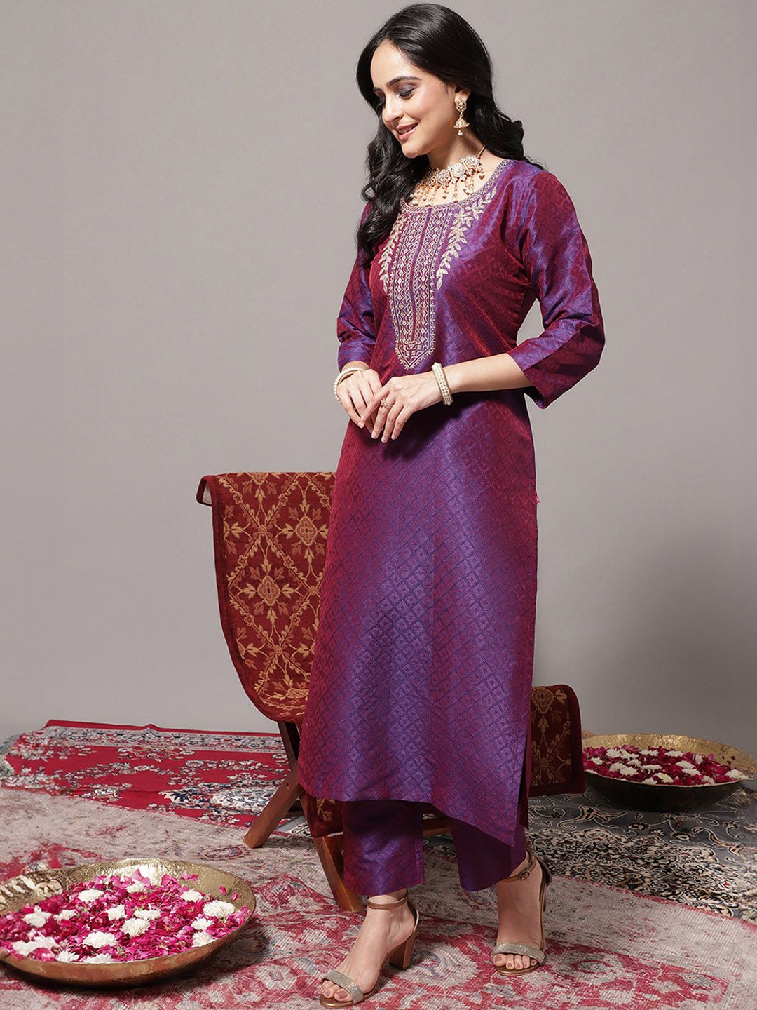 Dhiyona VA Women's Zari Embroidered Yoke Geometric Jacquard Kurta with Trouser & Dupatta