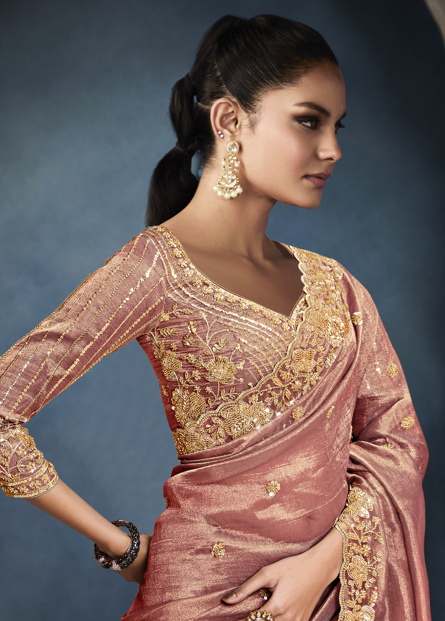 Dhiyona KM Women Tissue Embroidered Fancy Heavy Border Saree