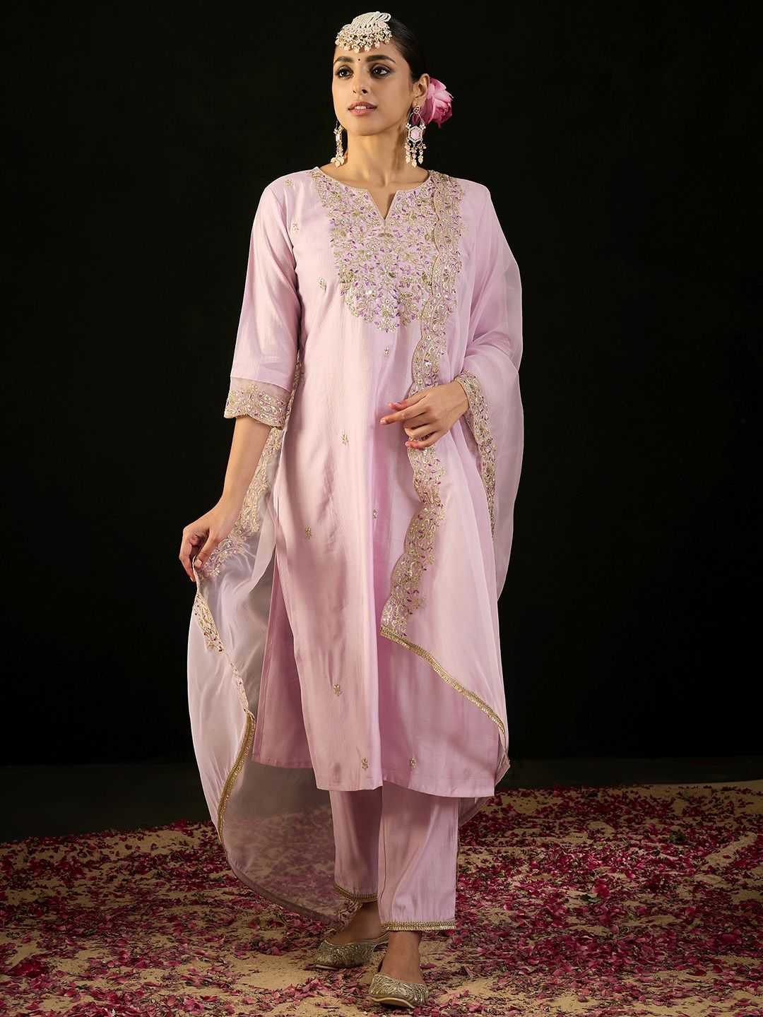 Dhiyona IE Ethnic Motifs Embroidered Regular Straight Kurta & Trousers With Dupatta