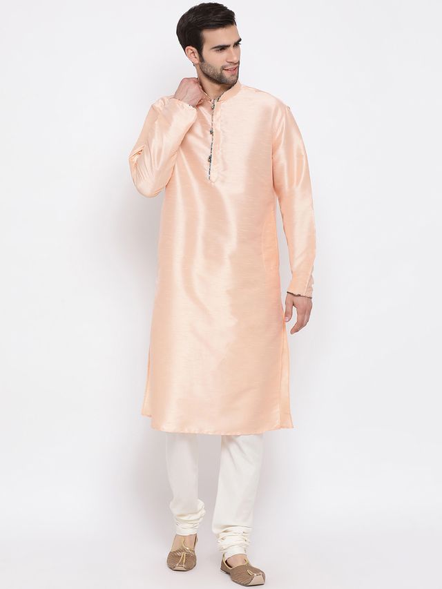 Men's Peach Cotton Silk Straight Kurta Pyjama Set