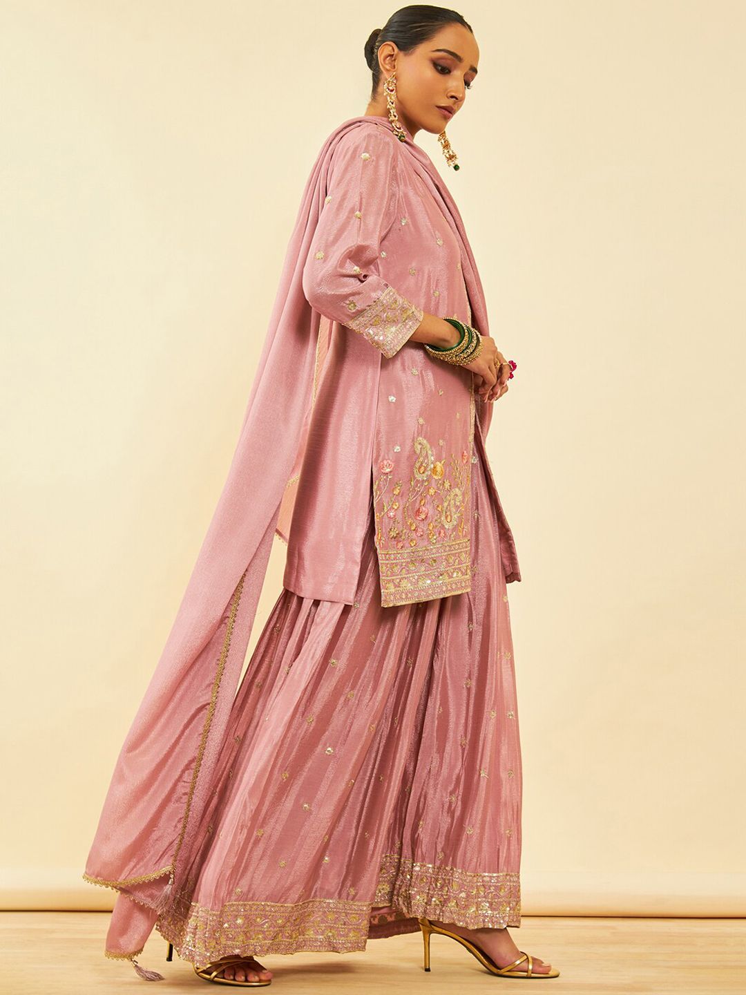 Dhiyona SO Women's Alina Cut Pink Ethnic Motifs Embroidered Regular Sequinned Kurta With Palazzos & Dupatta
