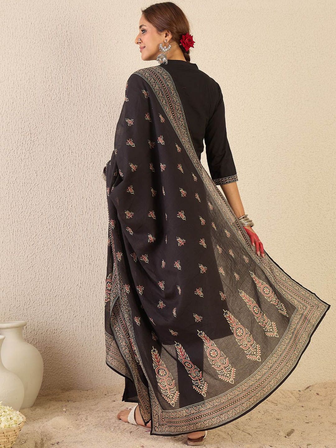 Dhiyona IE Women Ethnic Motifs Printed Mirror Work Pure Cotton Kurta with Trousers & Dupatta