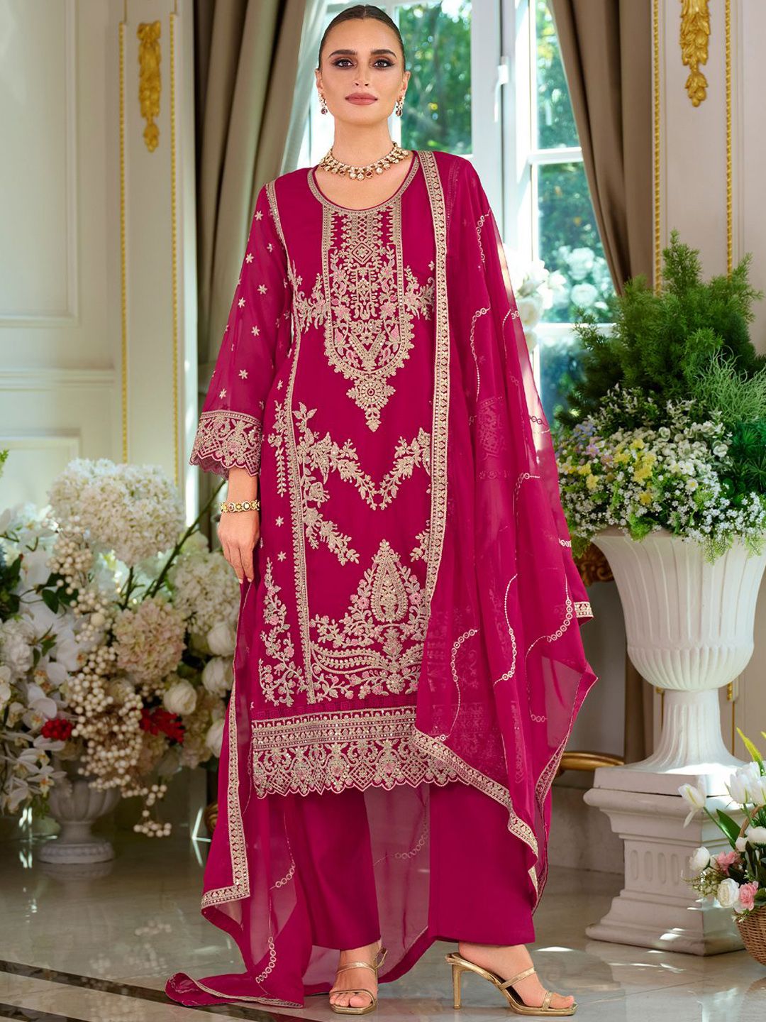 Dhiyona IE Women's Ethnic Motifs Embroidered Zari Kurta with Trousers & Dupatta