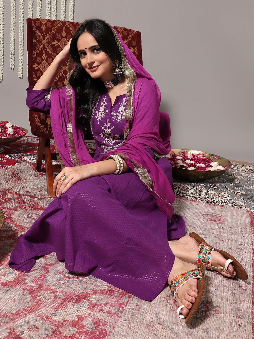 Dhiyona VA Women's Purple Ethnic Motifs Yoke Design Pure Cotton Kurta with Trousers & Dupatta