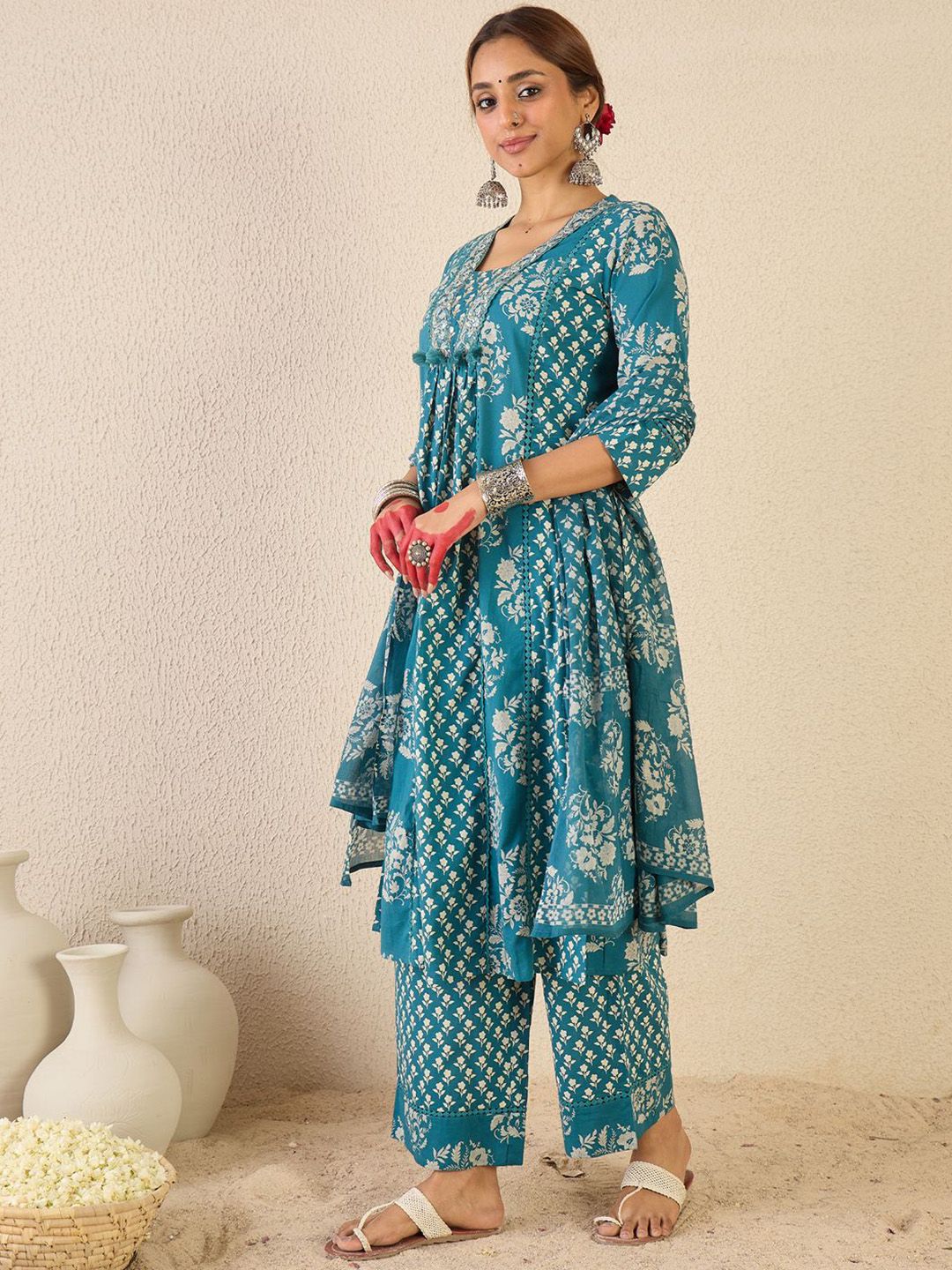 Dhiyona IE Ethnic Motifs Printed A Line Pleated Pure Cotton Kurta With Trousers & Dupatta