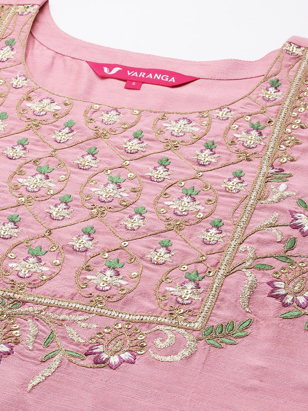 Dhiyona VA Women'sFloral Yoke Design Sequinned Dupion Silk Straight Kurta with Trouser & Dupatta