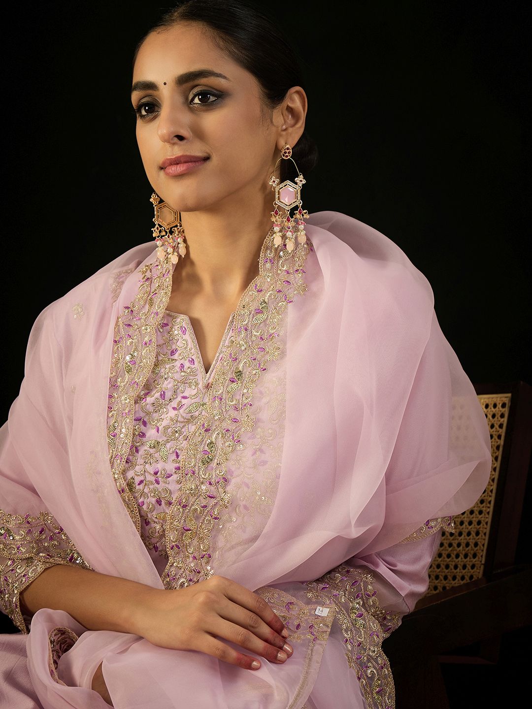 Dhiyona IE Ethnic Motifs Embroidered Regular Straight Kurta & Trousers With Dupatta