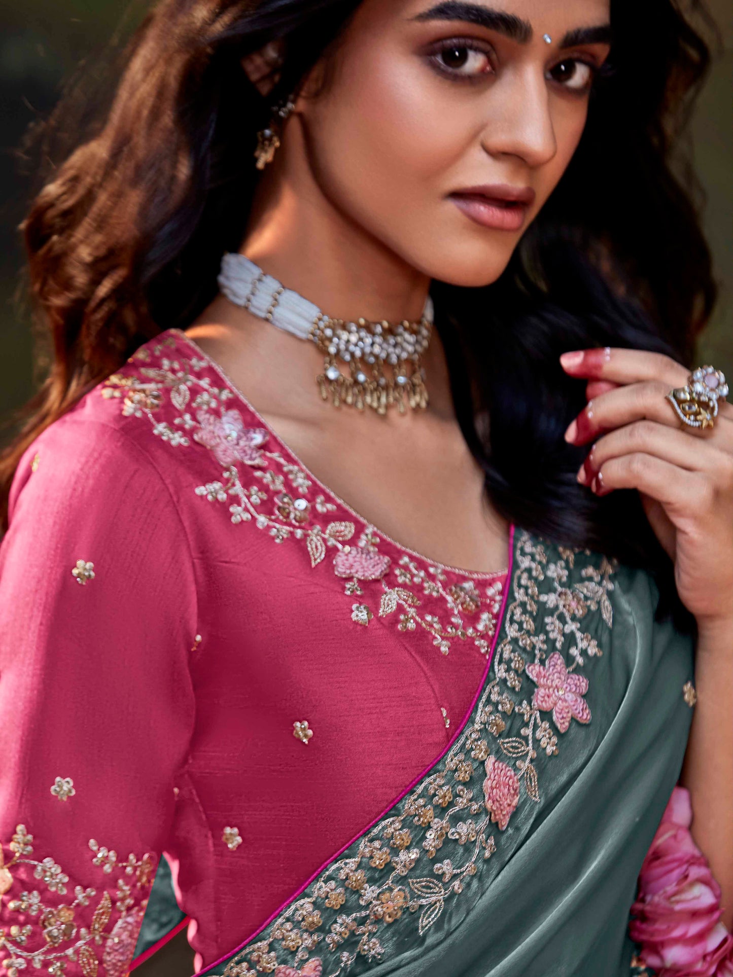 Dhiyona KM Women Teal Embroidered Designer Silk Saree With Pink Blouse