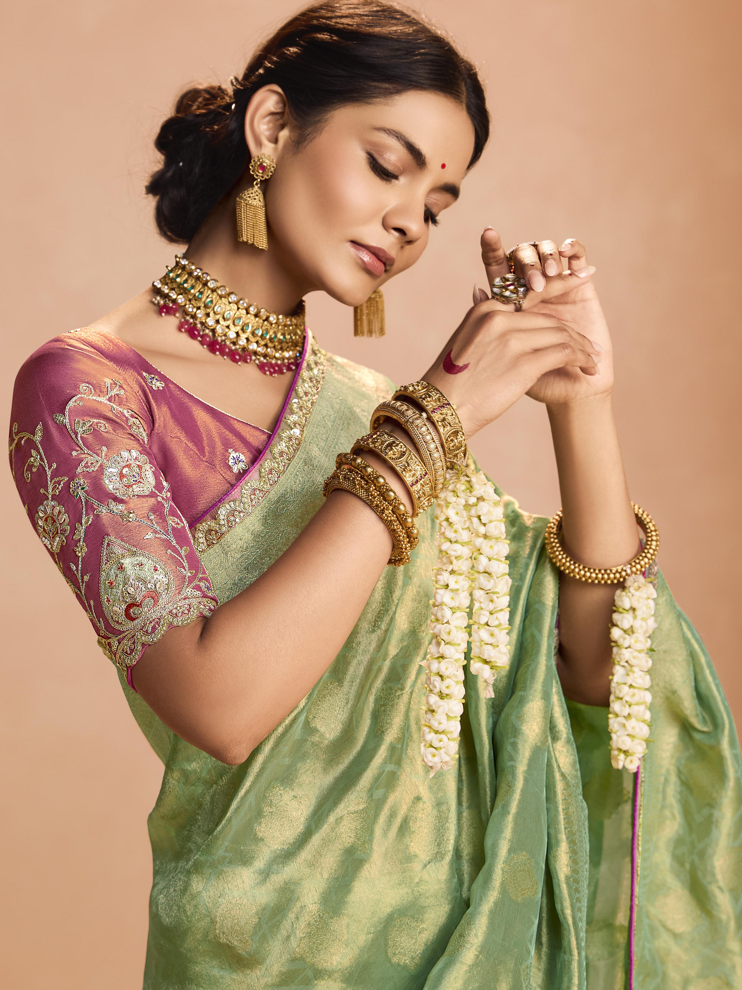 Dhiyona KM Women Mint Green Kanjivaram Silk Saree With Wine Embroidered Blouse “ Perfect For Weddings & Festive Wear