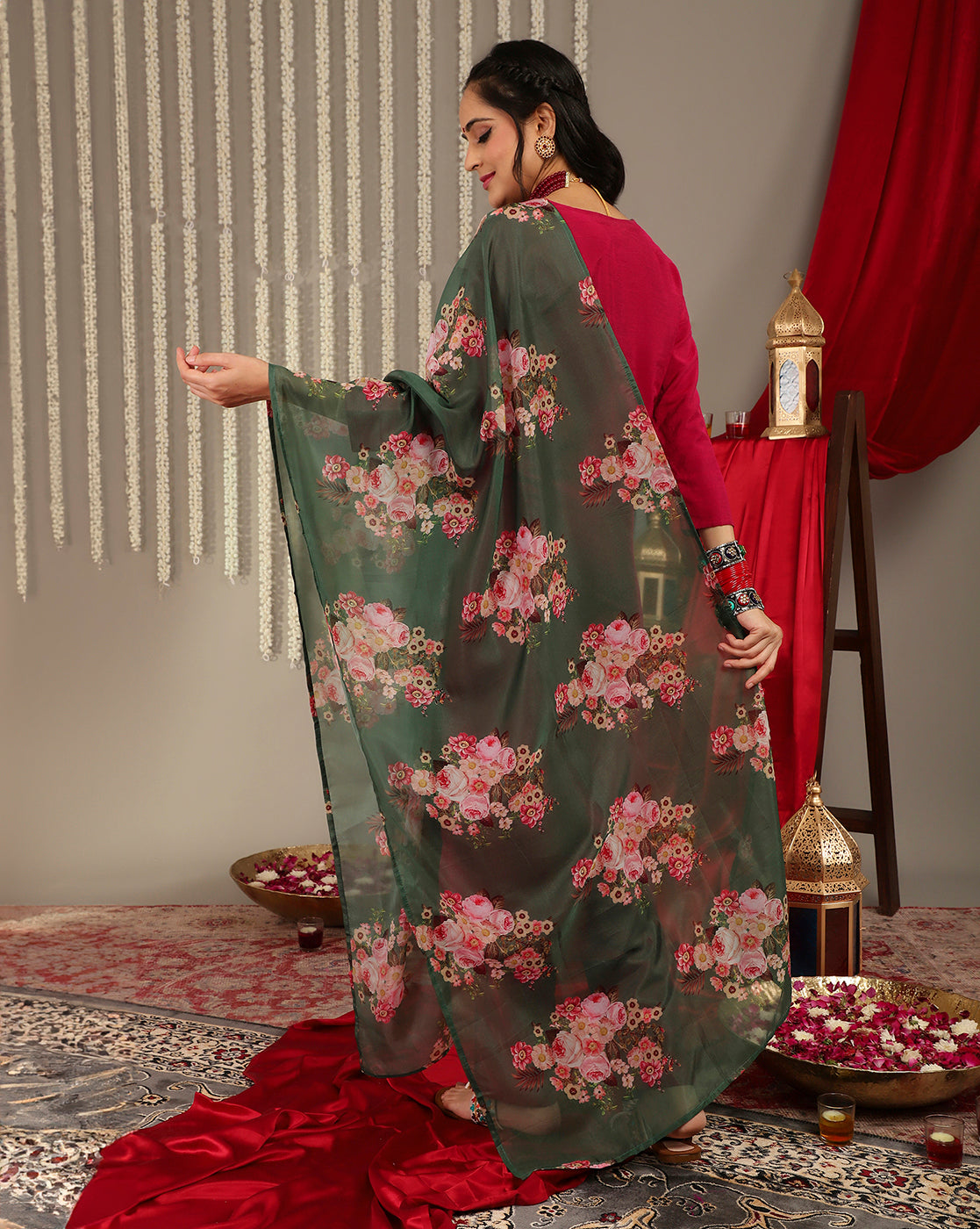 Dhiyona VR Women's Magenta Embroidered Kurta Paired With Straight Trouser And Digital Floral Printed Dupatta