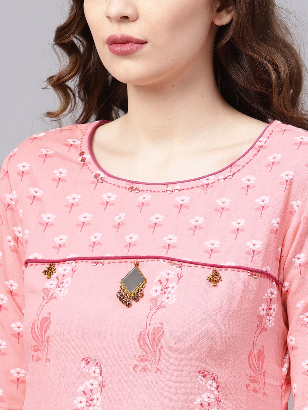 Dhiyona IS Women's Women Pink & White Printed Kurta with Palazzos