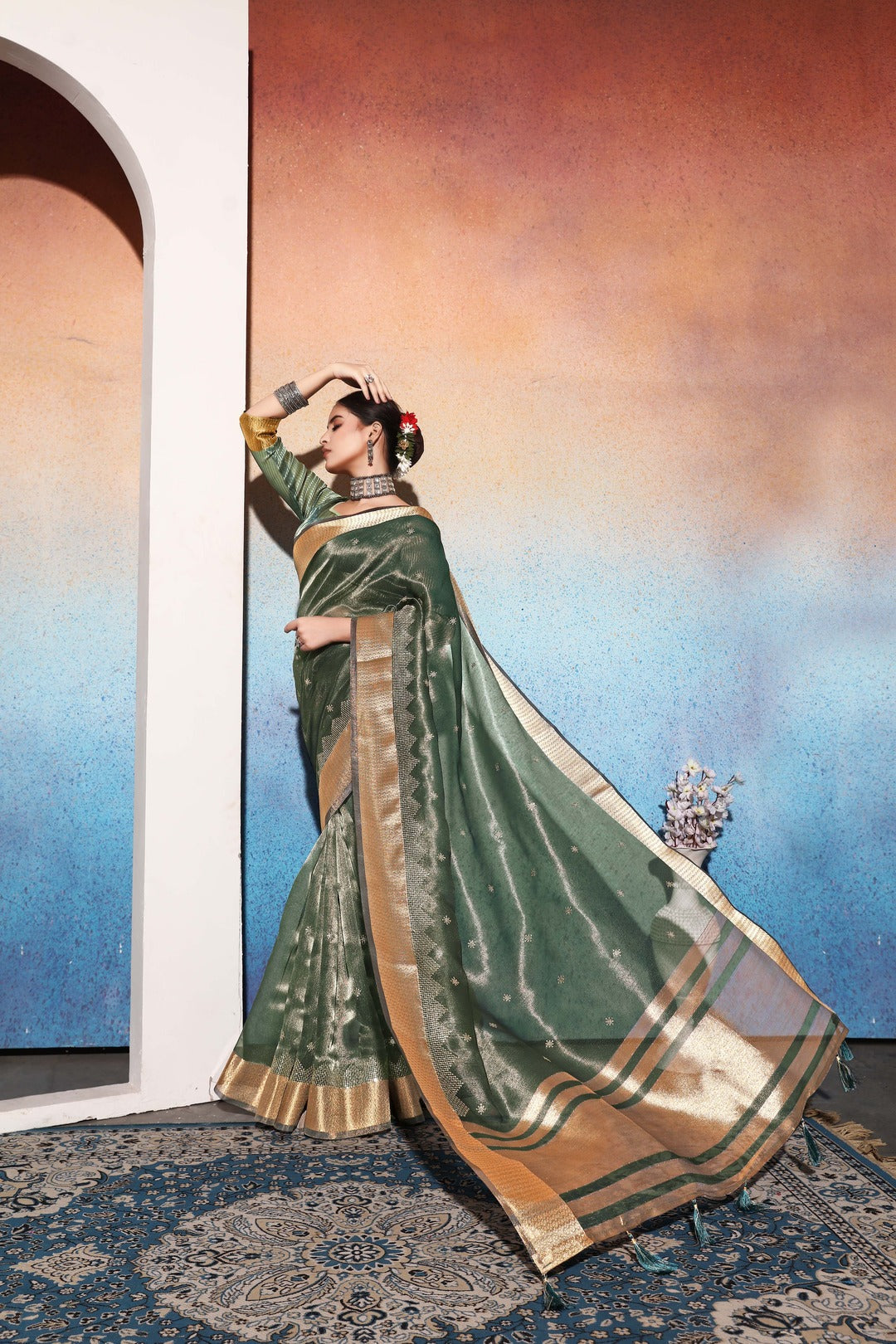 Dhiyona GR Women's Kalki Bottle Green Tissue Cotton Silk Saree