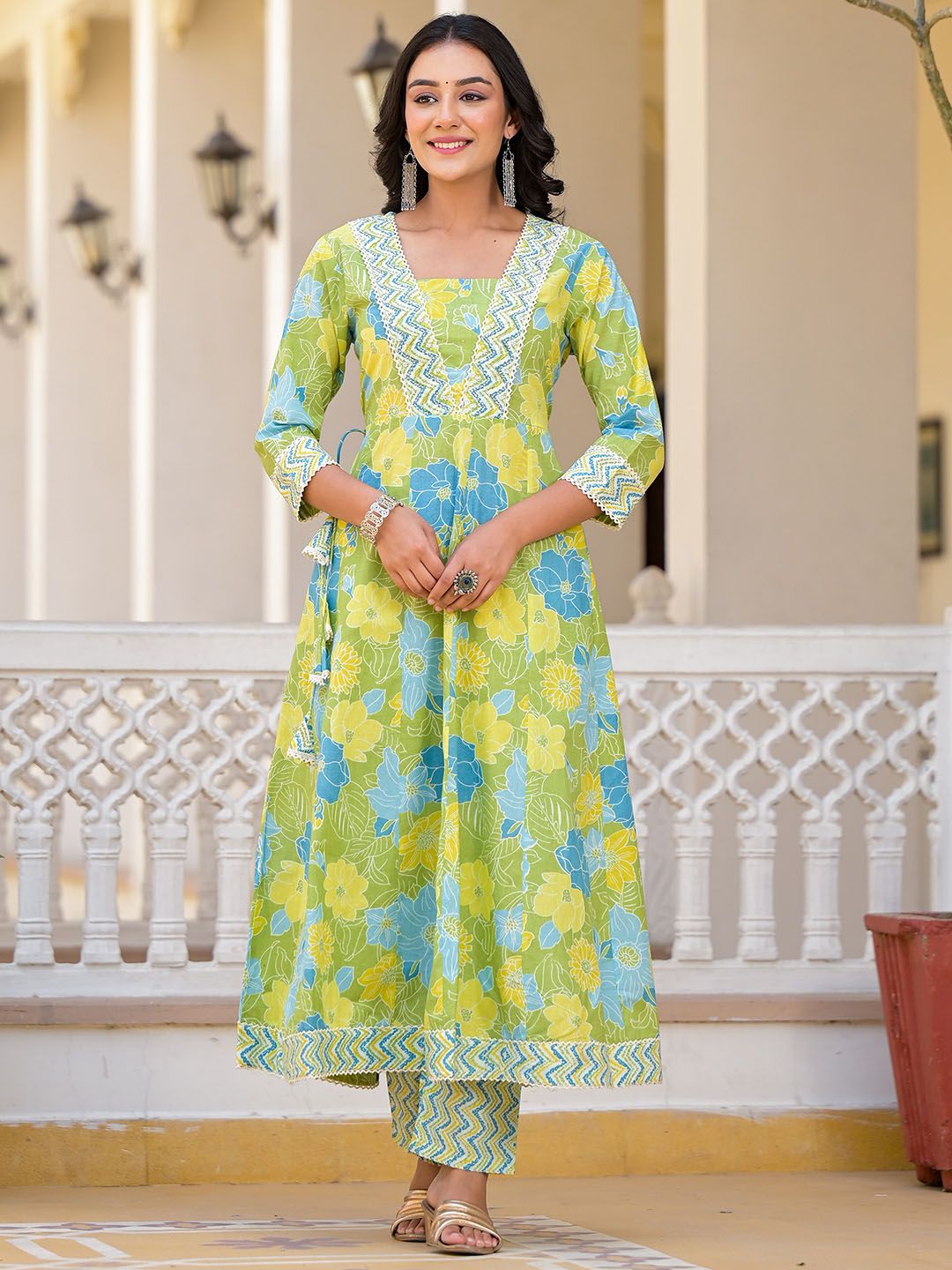 Dhiyona IS Women's Floral Printed Panelled Beads and Stones Anarkali Kurta With Trousers & Dupatta
