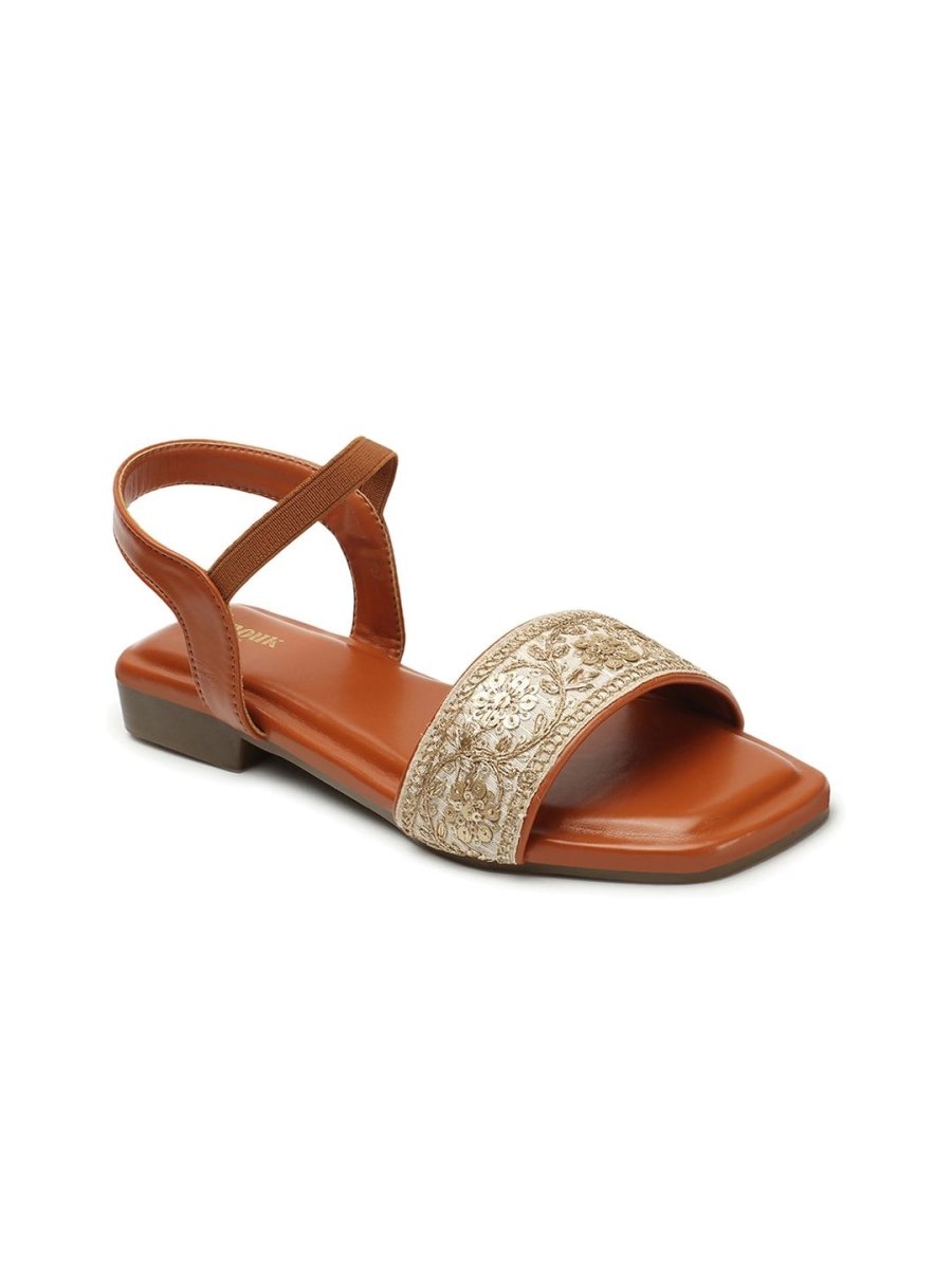 Dhiyona AK Tan Brown & Gold-Toned Embroidered Open Toe Flats